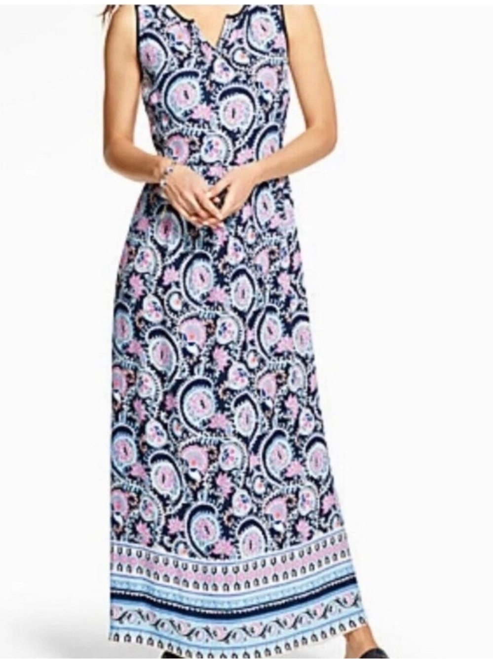 Talbots Navy Maxi Dress with Pink Paisley Print